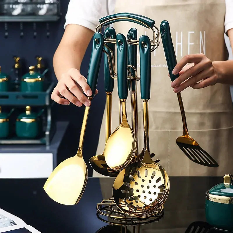 stainless steel kitchen utensil set | non-stick silicone cooking tools | 7 piece slotted spatula set | ultrasonic cleaning