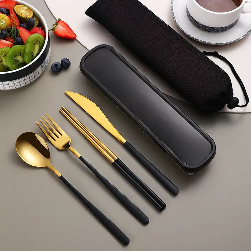 304 Dinnerware Set Flatware Kitchen Accessories Camping Travel Sets Gold Knife Fork Spoon Portable Cutlery Sets With Case 