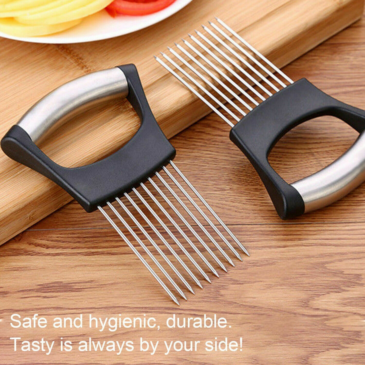 Food Slice Assistant - Stainless Steel Onion Holder Slicer Tomato Cutter NonSlip 