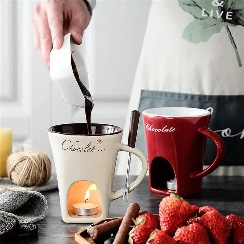 Fondue Mug Set Personal Mini Fondue Pots Chocolate Cheese Ice Cream Fondue Maker Kit Individual Butter Melter Cup Small Warmer Kitchen Gadgets 