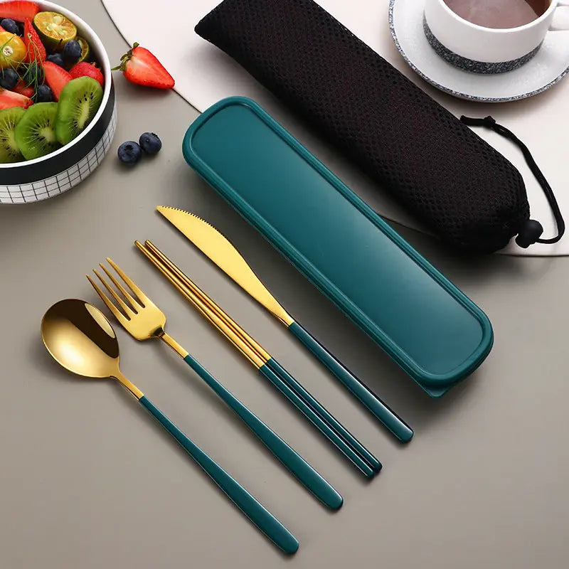 304 Dinnerware Set Flatware Kitchen Accessories Camping Travel Sets Gold Knife Fork Spoon Portable Cutlery Sets With Case 