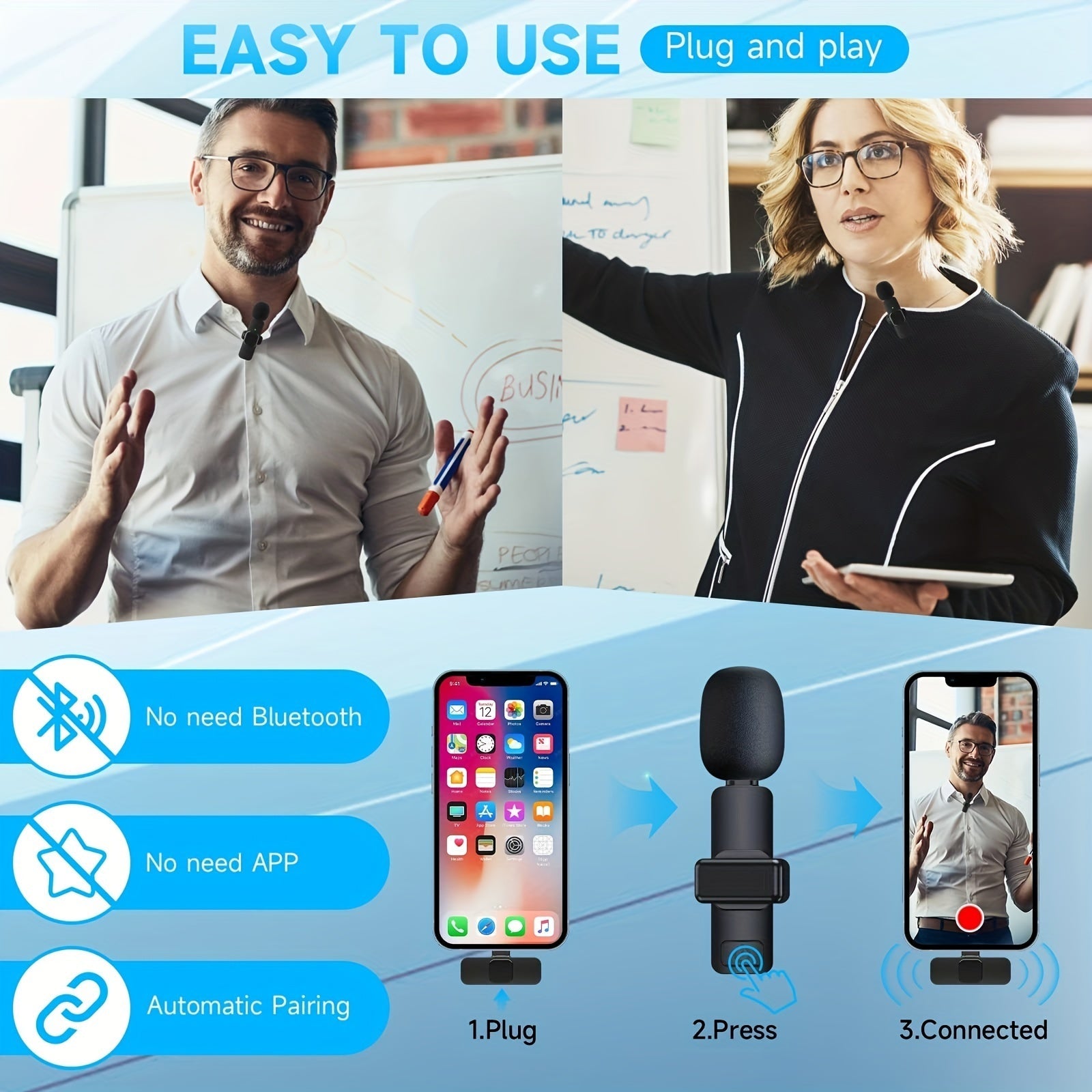 Wireless Lavalier Lapel Microphone For IPhone IPad Professional Wireless Clip Mic - Cordless Omnidirectional Condenser Recording Mic For Interview Video Podcast Vlog YouTube 