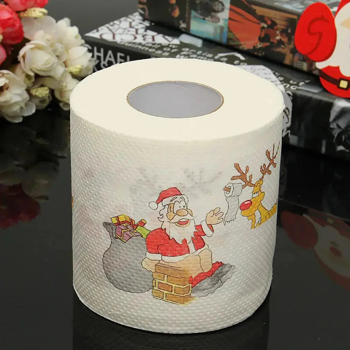 festive holiday toilet paper | christmas themed bathroom tissue | 3-ply soft toilet paper | energy saving