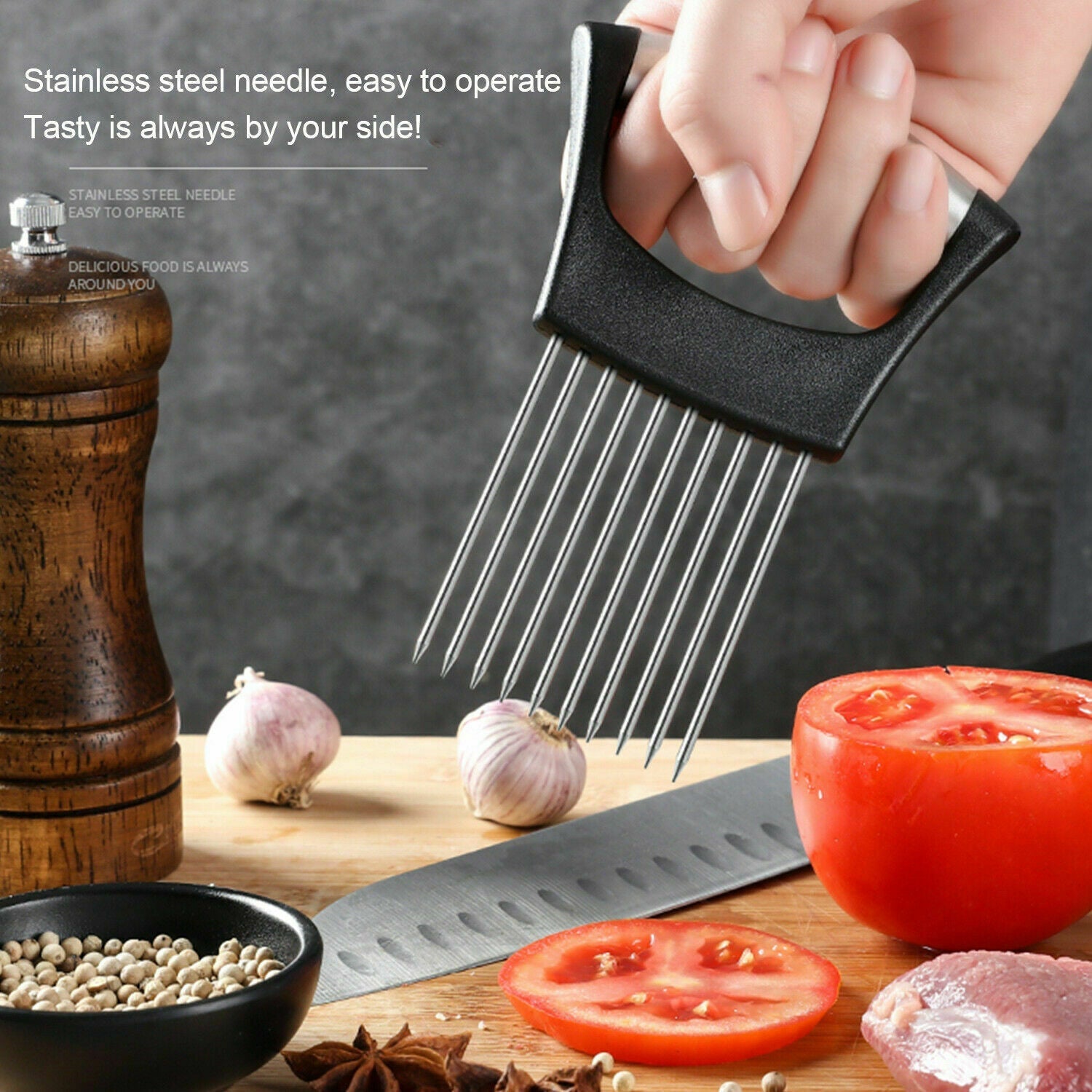 Food Slice Assistant - Stainless Steel Onion Holder Slicer Tomato Cutter NonSlip 