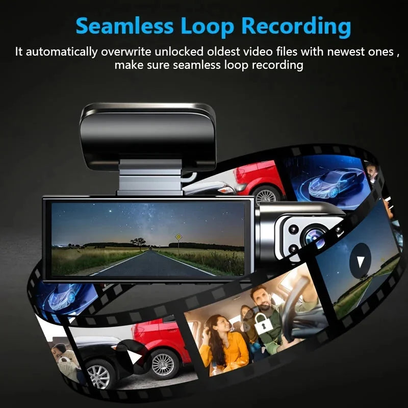 dual lens dash cam | front and cabin recording | g-sensor loop recording | energy saving