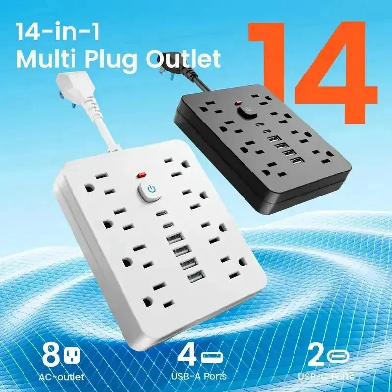 outlet surge protector | heavy duty power strip with usb | 8 ac outlets and 6 usb ports | energy saving
